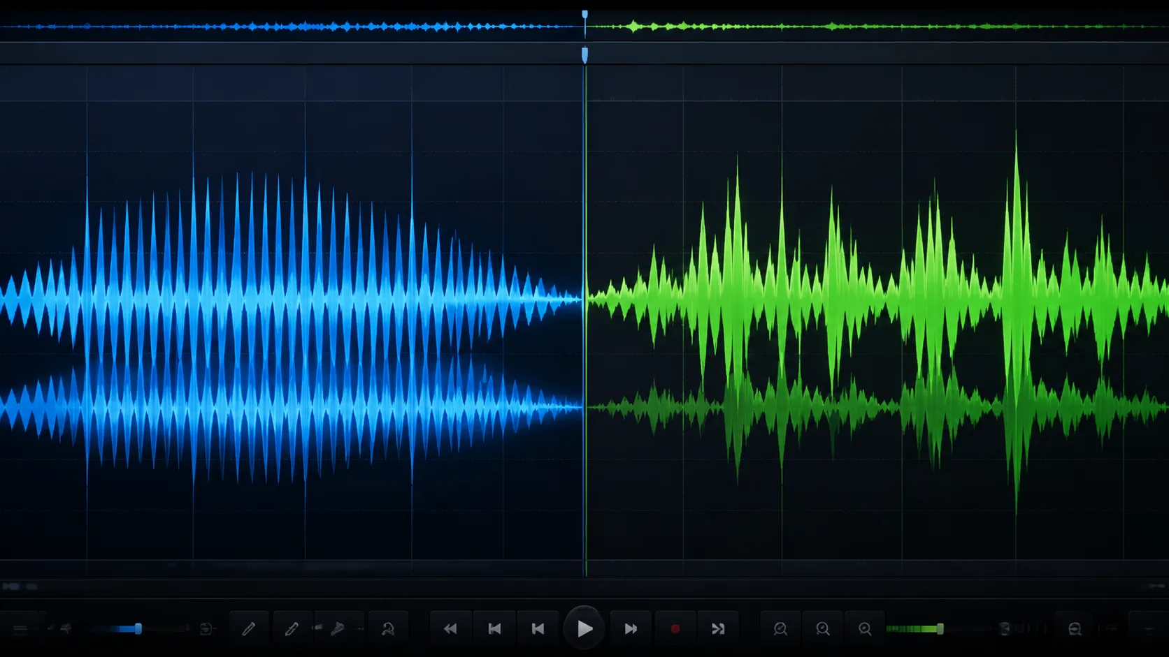 Split comparison of AI voice waveform and human voice recording in audio editing interface
