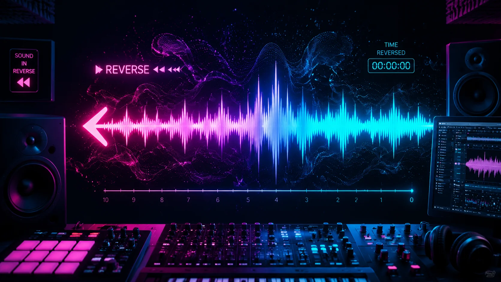 Audio waveform showing reversed audio effect on an editing timeline