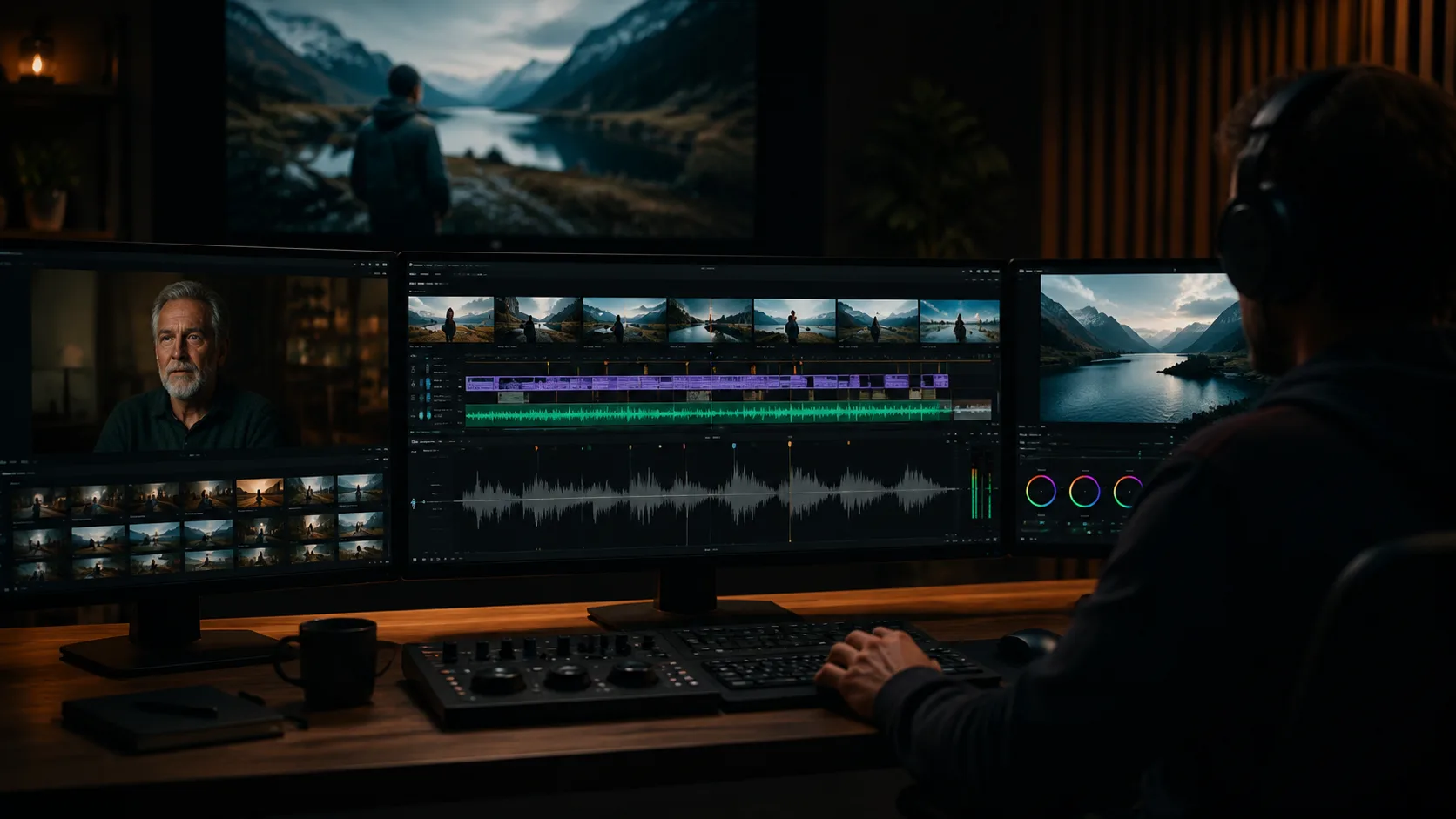 Long-form video timeline with scene markers and dialogue waveform visualization