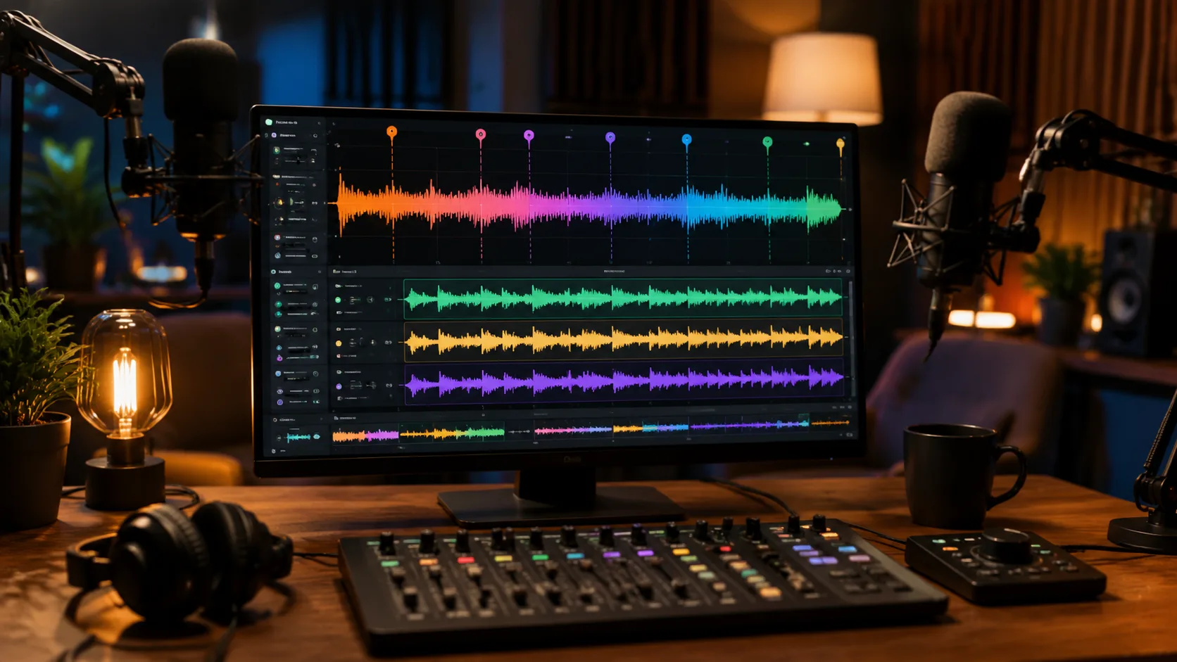 Podcast editing timeline with waveform visualization and chapter markers