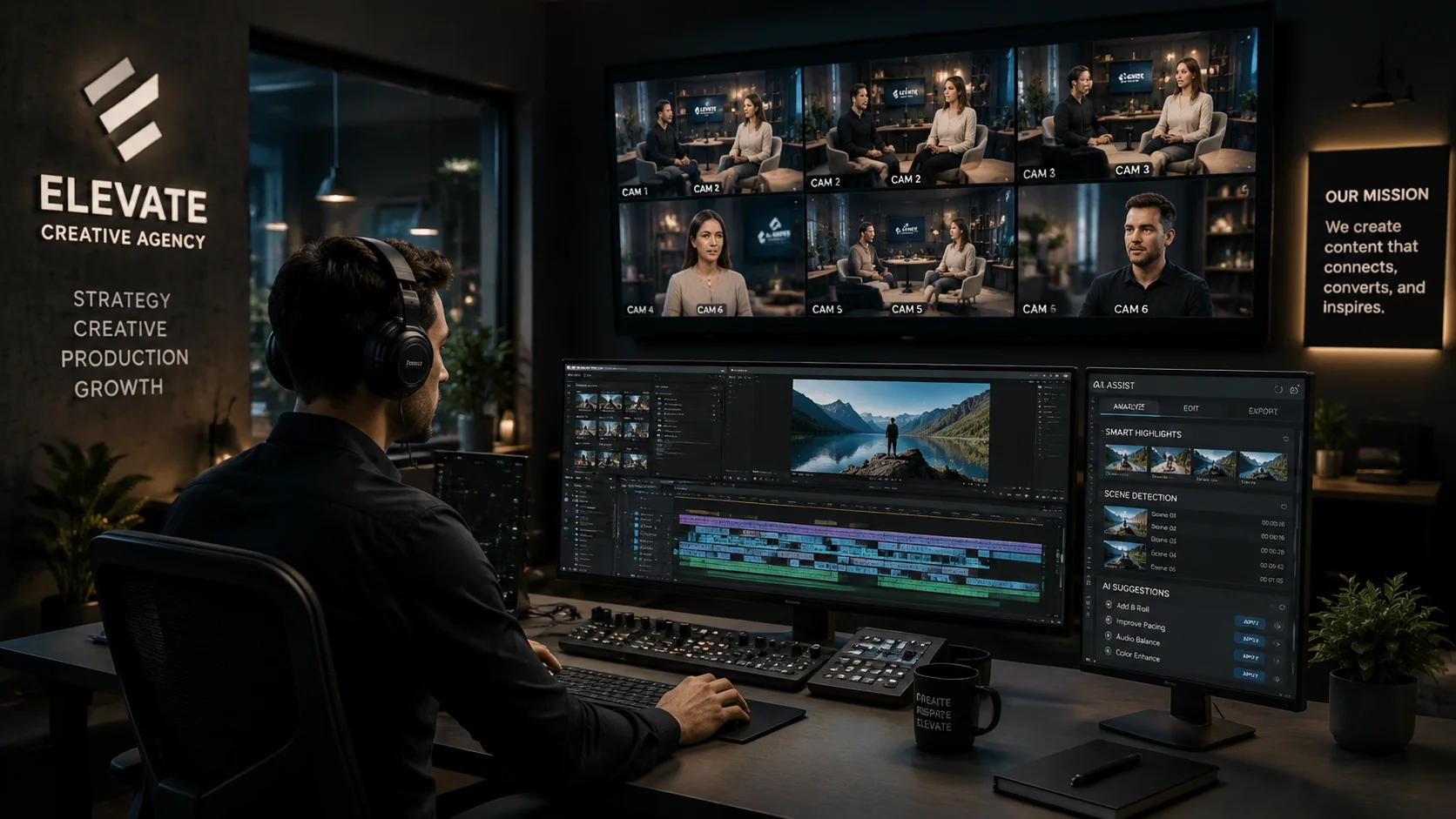 Producing commercial videos with AI editing tools and multiple camera feeds
