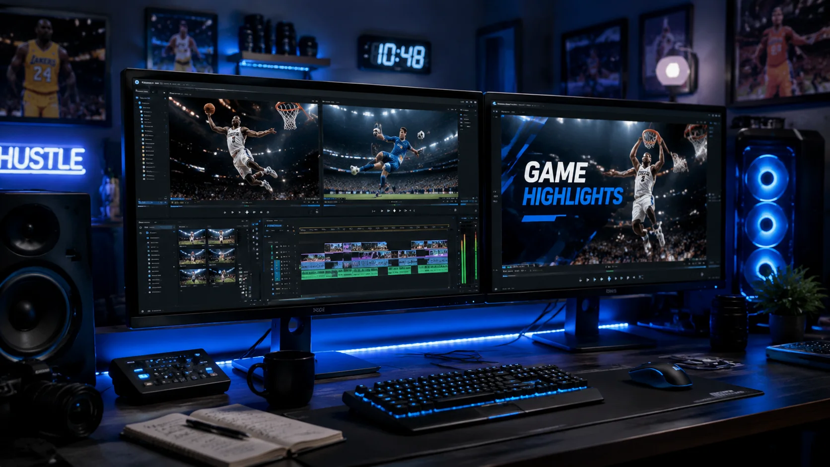 Sports highlight reel on a professional video editing timeline with action freeze frames