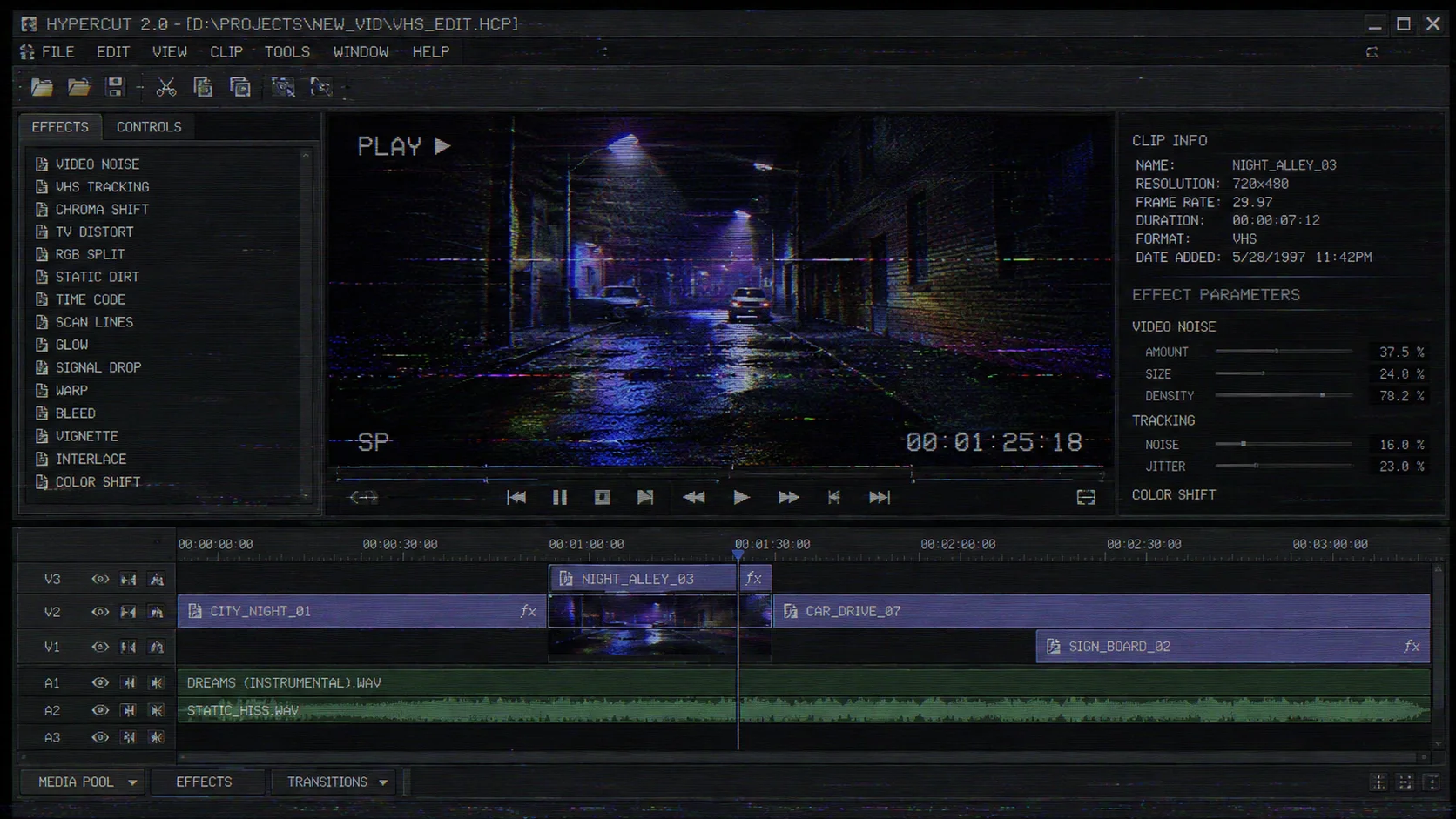 Retro VHS video editing timeline with glitch effects and scan lines